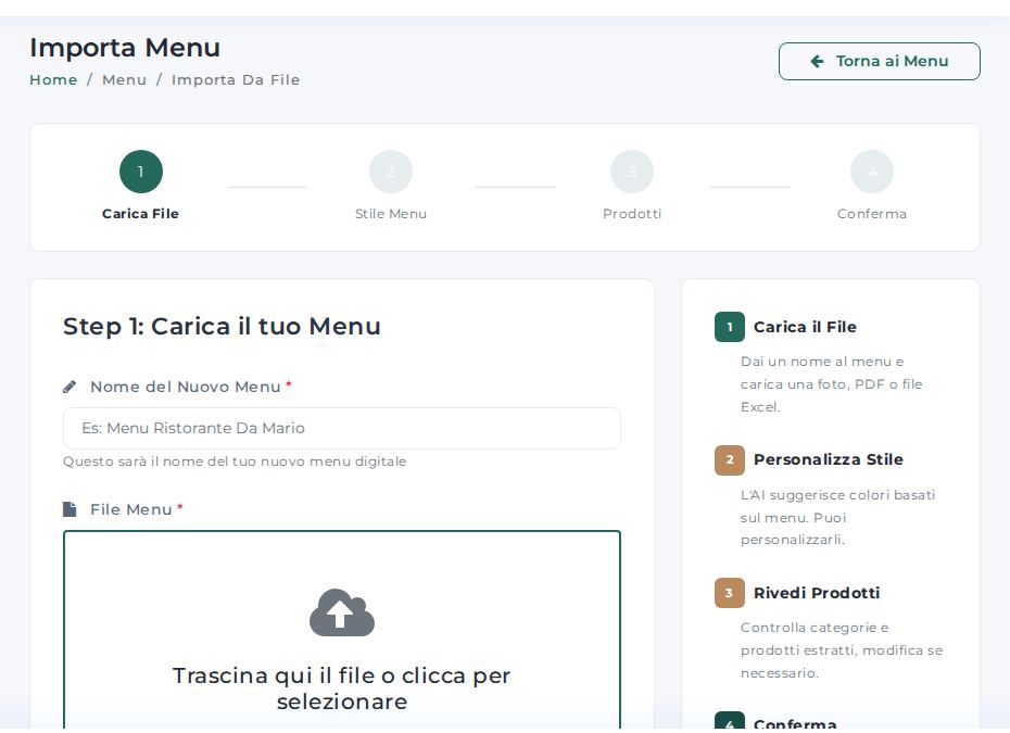Schermata di Importa menu con AI nel pannello Menumi